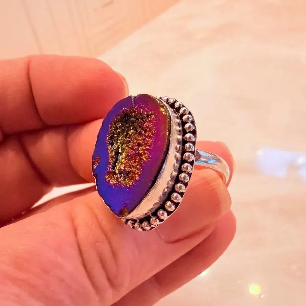 Rainbow Titanium Druzy 925 Silver Plated Ring Size 10